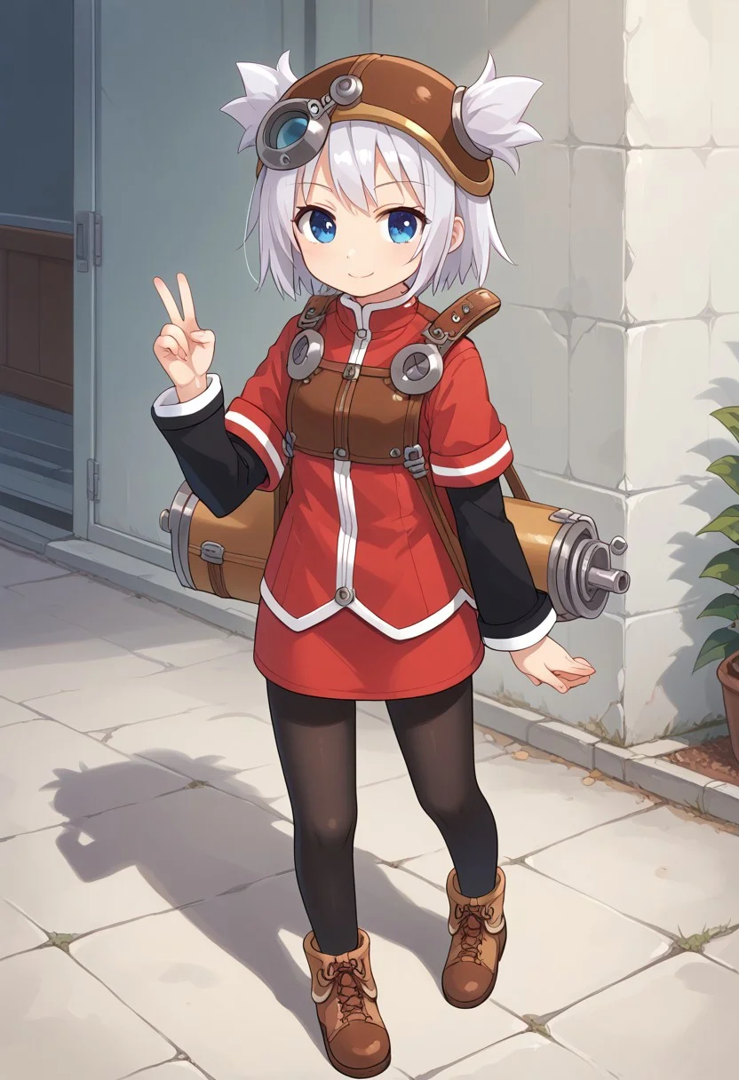 score_8, score_8_up, score_7_up, source_anime, anime screenshot BREAK 1girl, female focus, solo, pratty_scs, white hair, helmet, hair through headwear, two side up, bangs, sidelocks, short hair, blue eyes, red jacket, open jacket, black shirt, red skirt, layered sleeves, short over long sleeves, sleeve cuffs, pantyhose, black pantyhose, ankle boots, brown footwear, full body, looking at viewer, smile