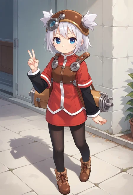 score_8, score_8_up, score_7_up, source_anime, anime screenshot BREAK 1girl, female focus, solo, pratty_scs, white hair, helmet, hair through headwear, two side up, bangs, sidelocks, short hair, blue eyes, red jacket, open jacket, black shirt, red skirt, layered sleeves, short over long sleeves, sleeve cuffs, pantyhose, black pantyhose, ankle boots, brown footwear, full body, looking at viewer, smile