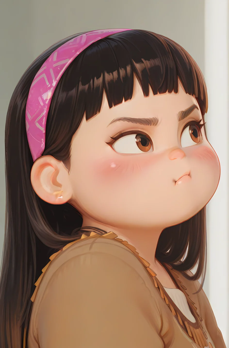 masterpiece, best quality,
1girl, solo, pout, blush, looking to the side, upper body,
<lora:Abby_ParkIL:0.75> a_p, plump, long black hair, fringe hair, brown eyes, hairband,
<lora:afkArenaIllustrious:1> afkarenastyle,