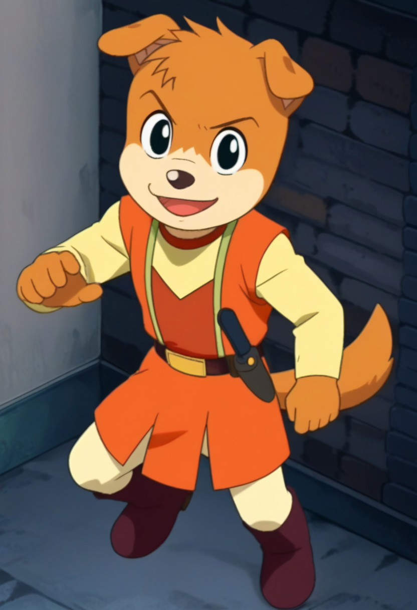 furry, solo, furry male, 1boy, male focus, body fur, dog, dog boy, looking at viewer, animal ears, dog ears, black eyes, animal nose, shirt, long sleeves, vest, belt, weapon, knife, boots, tail, dog tail, full body, open mouth, smile, high quality