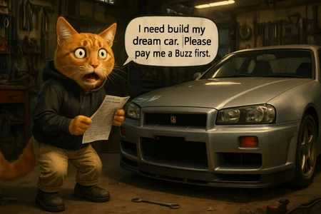 panicked an orange cat, wearing mechanic outfit, with boots, , black hoodie, beige pants, holding car part list, with grey 1999 nissan r34 GTR beside him, inside car workshop, the man said "I need build my dream car. Please pay me a Buzz first.", photorealism artstyle
Car workshop garage (Clutter-Mechanical:1) (best quality) (intricate details) (8k) (HDR) (cinematic lighting) (sharp focus)