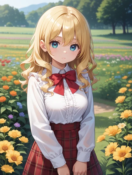 score_9, score_8_up, score_7_up,
masterpiece, best quality,
1girl, solo, a cute girl, cute round face, jirai kei,plaid skirt, shirt, long sleeves, bow, red skirt, white shoulder frilly shirt, outdoors, red bow, expressionless, closed mouth, standing, cowboy shot, looking at viewer, slender, kawaii, perfect symmetrical face, ultra cute girl, ultra cute face, ultra detailed eyes, ultra detailed hair, ultra cute, ultra beautiful, photoreal detailed background, photo realictic background, Peaceful countryside chapel surrounded by fields of wildflowers, depth of field, ultra detailed background, large breasts, (blonde hair:1.2), medium wavy hair, hair between eyes