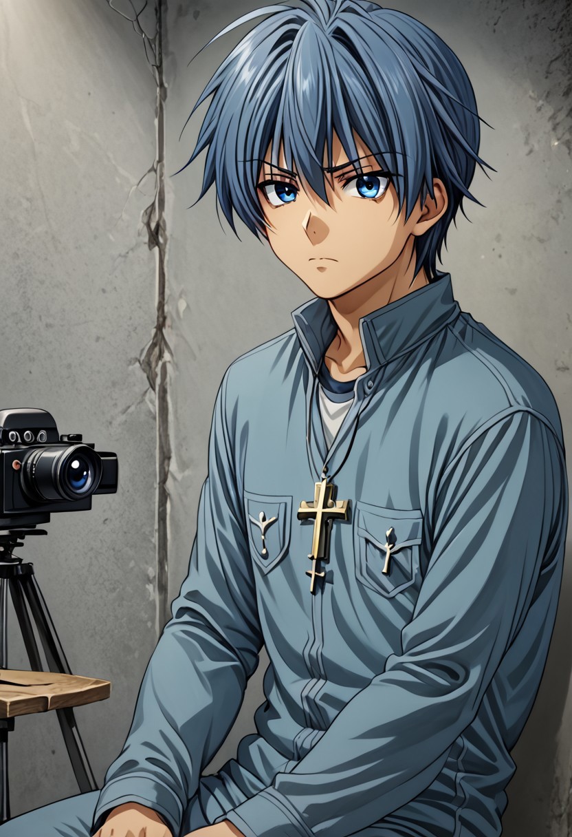 high resolution, solo, best quality, 1Boy, Tomoya Okazaki, Grey Blue Hair, blue eyes, Sitting cross-legged, looking at camera, approachable, friendly,
