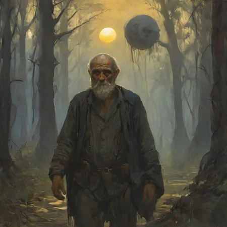 a wide path in the forest, along which three people were walking sedately. In the middle was a gray, shaggy old man with a long, unkempt beard and bushy eyebrows, he was walking, leaning on a crooked wooden stick. The old man's gaze was heavy, piercing. The entire composition seemed to be built around the old man, and the other two characters looked secondary. On the right was a woman with a pale, doll-like face, half hidden by a veil. The woman in the painting had an indifferent, almost bored look. She walked slightly to the side of her companions, not looking at them, but casting a glance somewhere into the dark thickets. On the left was a tall, broad-shouldered man in a suit with his head wrapped in canvas. Two full moons hung in the evening or morning sky. The painting creates a gloomy, repulsive impression. The trees were leafless. digital painting, Vintage Horror, detailxl
