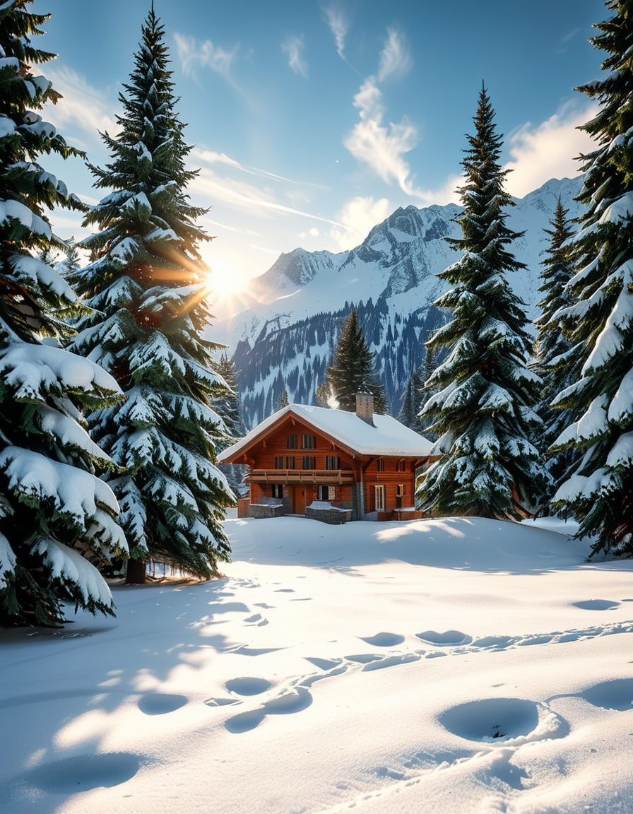 A cozy wooden chalet nestled in a serene winter landscape, surrounded by tall, snow-covered pine trees. Warm golden lights glow from the chalet's windows, contrasting with the crisp, cold air of the snowy evening. A thick layer of fresh snow blankets the ground, with a few footprints leading to the wooden front door. Smoke gently rises from the chimney, suggesting a warm fire inside. The sky is a soft twilight blue, with the first stars beginning to appear. In the foreground, a wooden fence partially covered in snow adds to the rustic charm. A small stack of firewood is neatly arranged near the entrance. The atmosphere is peaceful and inviting, evoking a sense of warmth and solitude in the midst of nature. The art style is hyper-realistic with soft lighting and high detail, emphasizing the texture of the wood, snow, and trees.
<lora:SDXLFaeTastic2400:0.4> <lora:extremely_detailed:0.4> extremely detailed, <lora:winter_l4ndsc4p3:1>,winter l4ndsc4p3, Masterpiece,best quality,hi res,8k,hi res,8k,award winning,(sharp focus, intricate, highly detailed),