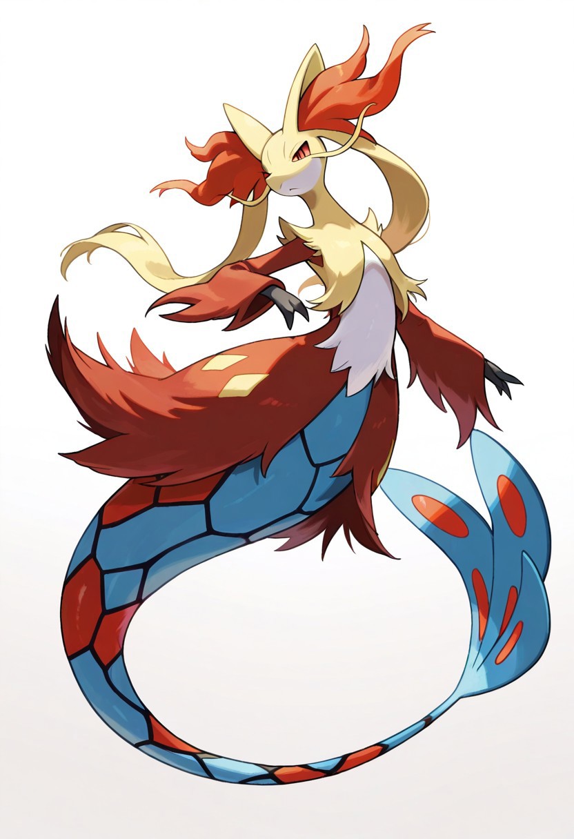 (masterpiece, best quality, high quality, highres), very awa, highres, absurdres,
pokemon, pokemon \(species\), (no humans:1.1), (solo:1.2), full body,
(Delphox:0.60), (Milotic:0.65),
simple white background,