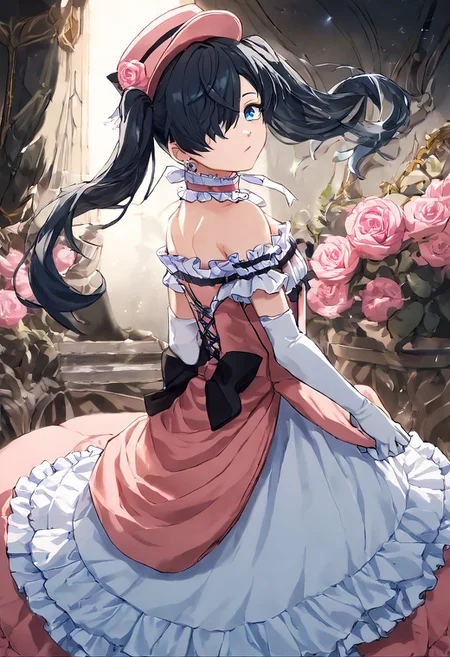 score_9_up, score_9_up, score_7_up, best_quality, Expressiveh, solo, Ciel_PhantomhiveBB,1boy, blue eyes, black hair, long hair, twintails,hair over one eye, flower, choker, hat, pink headwear, dress, frills, crossdressing, bare shoulders, rose, elbow gloves ,earrings, holding dress, spinning, dancing, happy, looking back at viewer, ballroom,