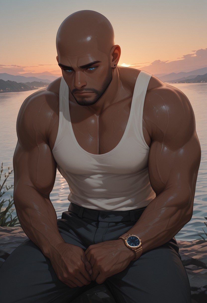 masterpiece, best quality, amazing quality, absurdres, newest, detailed background, definition so sharp, Ultra-HD, 8K cinematic, very awa, impressionate, amazing quality, highres, 
1boy, mbti_estj, muscular man, mature man, bald, dark skin, facial hair, blue eyes, watch, solo, lakeside, golden hour, gentle breeze, calm water, serene, natural light, soft glow, contemplating, looking at view, relaxed posture, earth tones, tranquil atmosphere, high quality, aesthetic, landscape