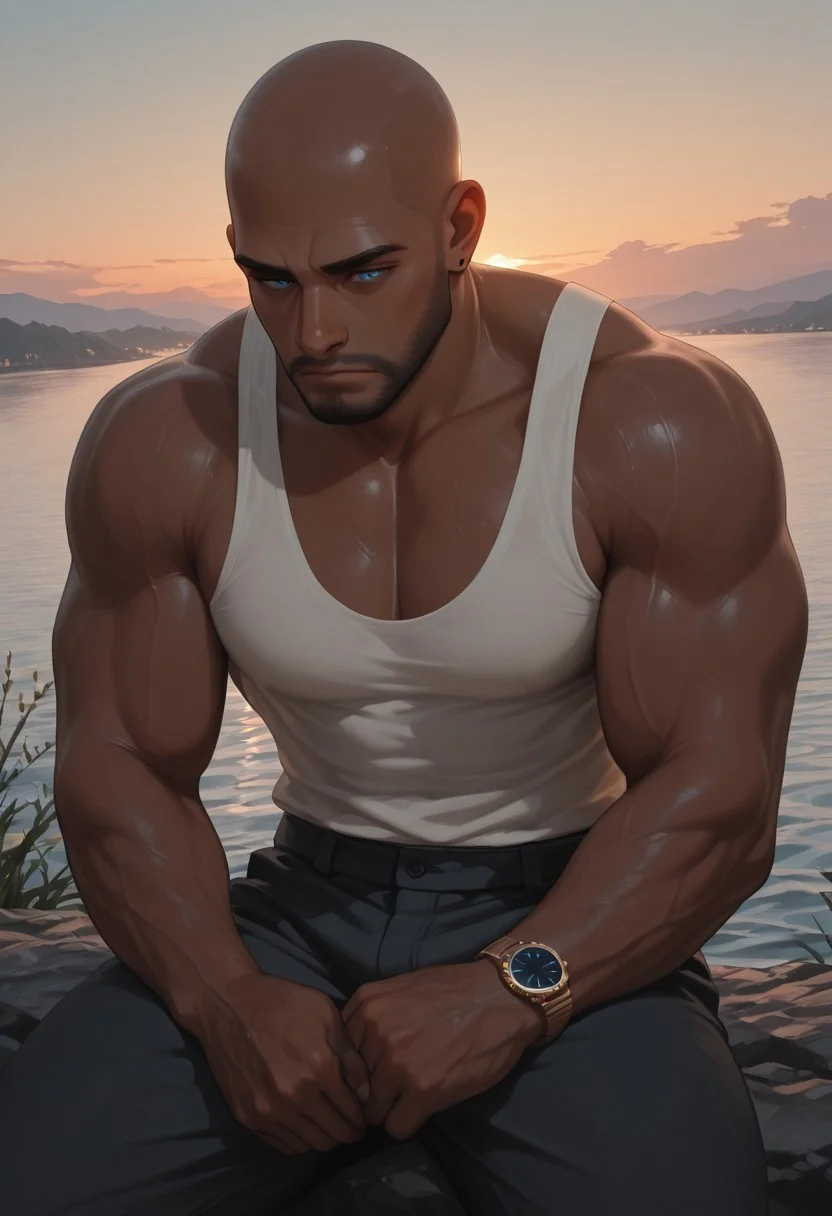 masterpiece, best quality, amazing quality, absurdres, newest, detailed background, definition so sharp, Ultra-HD, 8K cinematic, very awa, impressionate, amazing quality, highres,
1boy, mbti_estj, muscular man, mature man, bald, dark skin, facial hair, blue eyes, watch, solo, lakeside, golden hour, gentle breeze, calm water, serene, natural light, soft glow, contemplating, looking at view, relaxed posture, earth tones, tranquil atmosphere, high quality, aesthetic, landscape