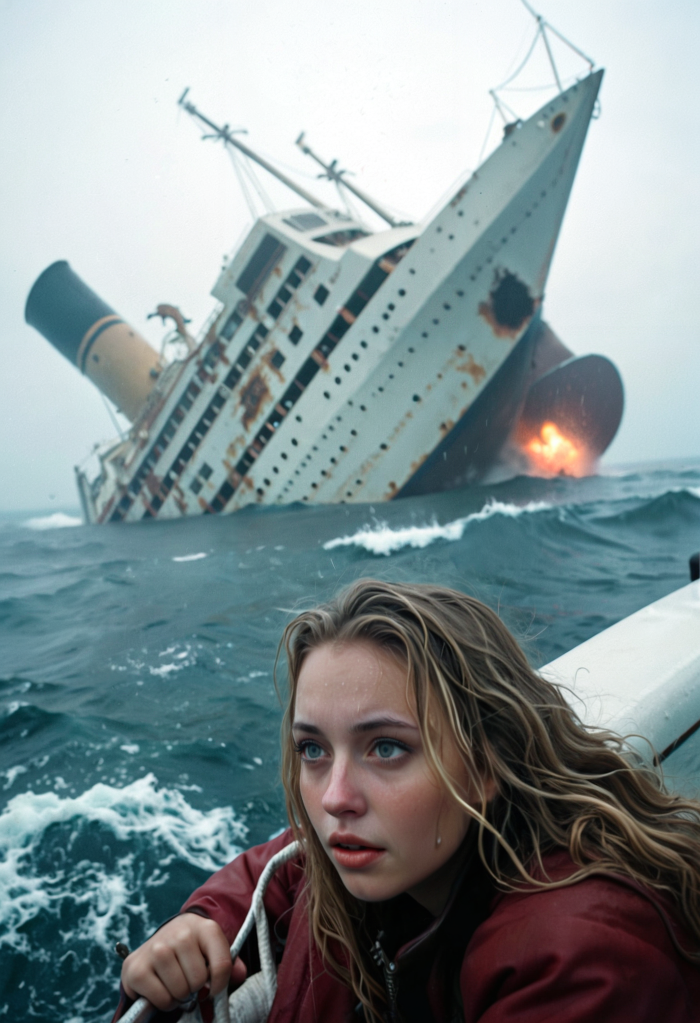 Cinematic film still a woman sitting on a raft in the ocean next to a large ship in the background with smoke coming out of it, Dirk Crabeth, promotional image, a detailed matte painting, stuckism, cinematic photography, a photorealistic painting, art photography, cinematic photography, a storybook illustration, figurative art, a photorealistic painting, rococo BREAK Elegant pose, a stock photo, romanticism, concept art, shallow depth of field, vignette, highly detailed, high budget, bokeh, cinemascope, moody, epic, gorgeous, flux-style, film grain, grainy. <lora:add-detail-xl:.5> <lora:Flux-style-xl-lora:.5>