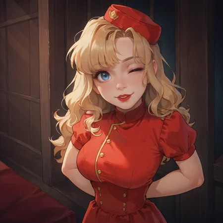 score_9, score_8_up, score_8, score_7_up,score_7, source_anime, rating_explicit, hires, (detailed,best quality:1.2),(<lora:Expressive_H:0.3>), (<lora:JGStyle:0.5>), (<lora:incase-ilff-v3-4:0.7>), 1girl, (skinny:1.3), narrow waist, petite, <lora:UnnamedBlondeGirl_BacallToArms1946_PXL_Leaf1:0.8> ,UnnamedGirl, blonde hair, red lipstick,red hat, strap hat,uniform, red dress, large breasts, close-up, solo, blue eyes, happy,portrait, bangs, long hair, wavy hair, retro, arms behind back, sweet, cute, high angle, close-up, looking up, (head tilt), one eye closed,