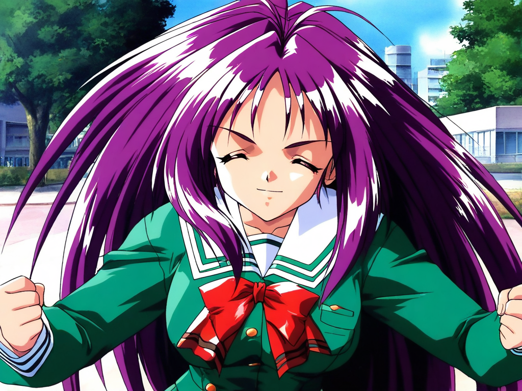 general,highres, ultra-detailed,very aesthetic,best quality ,best hands, BREAK <lora:Kotobuki_Miyuki_Tokimeki_Memorial2_IS:1>
Kotobuki_Miyuki(Tokimeki_Memorial2), 1girl, solo, bangs, purple hair, long hair, closed eyes, antenna hair, breasts, 
green shirt, 
looking at viewer, shirt, 1990s (style), outdoors, serafuku, upper body, day, clenched hands, sailor collar, closed mouth, building, ribbon, fake screenshot, tree, parody, school
School, outdoor, sky,