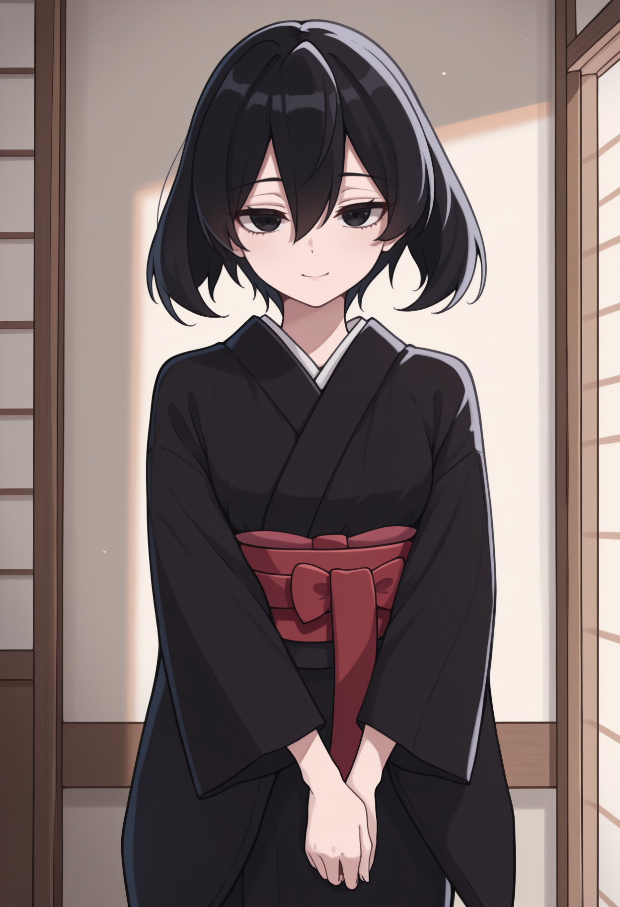 masterpiece, best quality, newest, solo, 1girl, kur0me, slight smile, looking at viewer, standing, v arms, short hair, black hair, hair between eyes, black eyes, japanese clothes, black kimono, red sash, obi, wide sleeves, indoors, east asian architecture, sliding doors
<segment:yolo-Anzhc Face seg 640 v2 y8n.pt,0.4,0.5//cid=1>