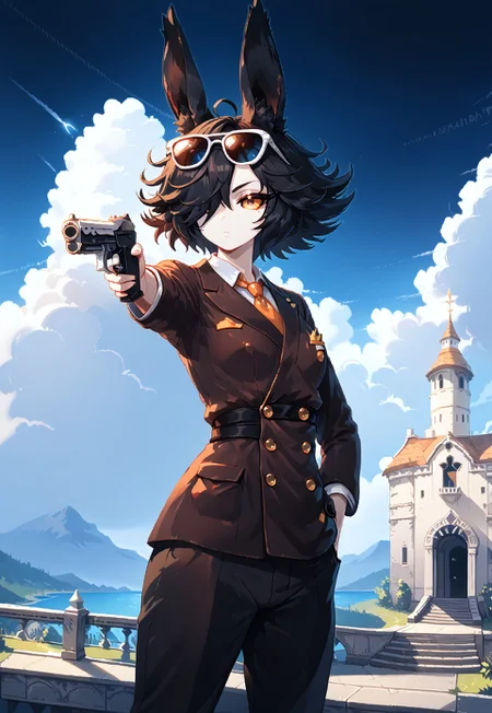 safe_pos, score_9, score_8_up, score_7_up,itzah,
BREAK,rabbit girl,monster girl,dark sclera,(flat breasts),mature woman,expressionless,short black hair,hair over eye,messy hair,(black fluffy rabbit ears:1.3),(pale skin),orange eyes,rectangular sunglasses,(double-breasted suits),black pants,dutch angle,mansion scenery,outdoors,hallway,(imposing vibes),night time,dynamic lightning,(slender figure),holding weapon, holding gun, handgun, hand in pocket, aiming