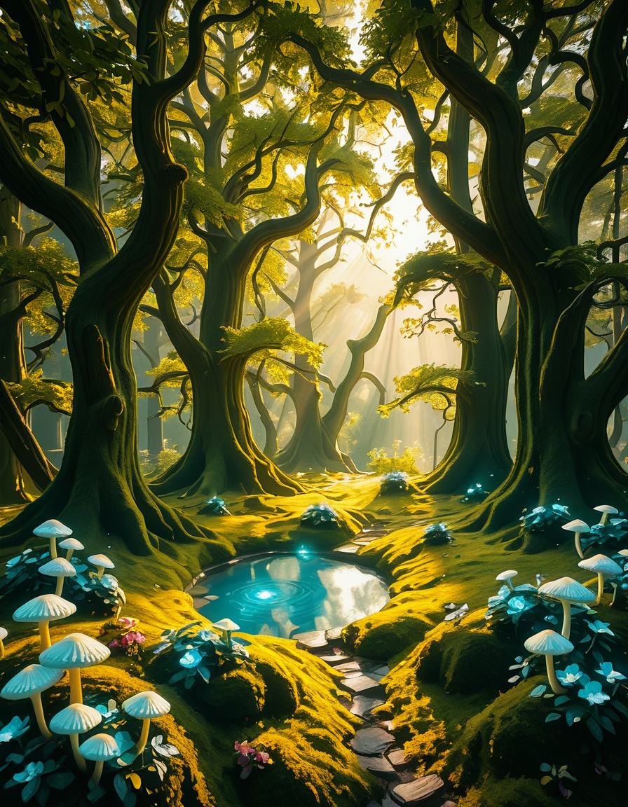 A mystical enchanted forest bathed in a soft, ethereal glow. Towering ancient trees with twisted roots and bioluminescent moss create a dreamlike atmosphere. The air is filled with a faint, magical mist that swirls gently around vibrant, oversized mushrooms and glowing blue and purple flowers. Delicate fireflies and tiny floating orbs of light hover in the air, illuminating the dense foliage with a magical shimmer. A narrow, winding path covered in soft moss leads deeper into the mysterious woodland, where faint beams of golden sunlight filter through the thick canopy, casting intricate patterns on the forest floor. The colors are rich and vibrant, with deep emerald greens, soft blues, and glowing purples creating a surreal and otherworldly ambiance. The scene is highly detailed and photorealistic, capturing the textures of the moss-covered tree trunks, the luminescent flora, and the misty, dreamlike atmosphere of the enchanted forest.
<lora:SDXLFaeTastic2400:0.4> <lora:extremely_detailed:0.4> extremely detailed,<lora:3nch4nt3d_f0r3st-ill:1>,3nch4nt3d f0r3st, Masterpiece,best quality,hi res,8k,hi res,8k,award winning,(sharp focus, intricate, highly detailed),