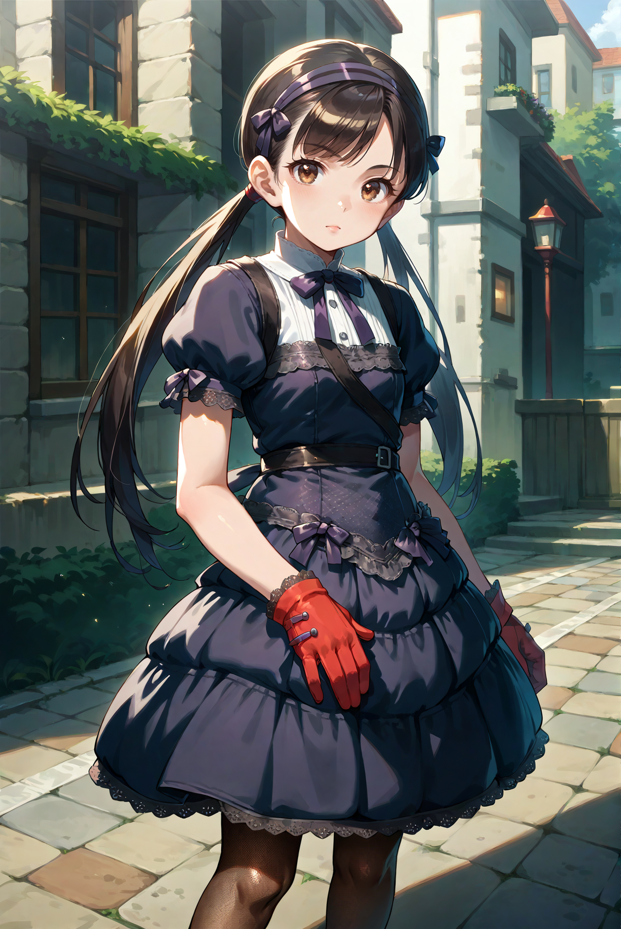 score_9, score_8_up, score_7_up, source_anime, Standing, hands forming a heart shape, <lora:Saki_Onechanbara_Z2:0.8> 1girl, solo, long hair, black hair, brown eye, gloves, twintails, hairband, dress, fishnets, pantyhose, looking at viewer, outdoors
