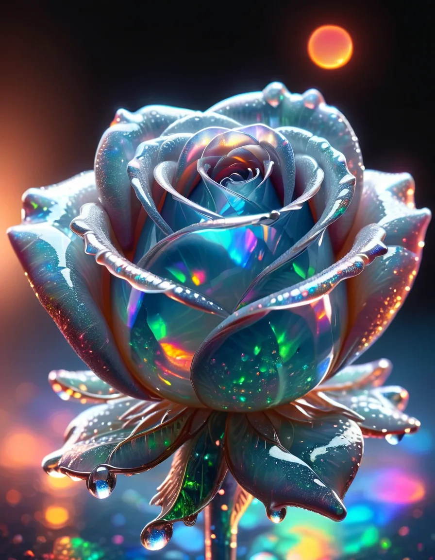 macro photo, sparkling magical fantasy glass rose dewdrop, very detailed, amazing quality, intricate, cinematic light, highly detail, beautiful, surreal, dramatic, galaxy fantasy colors <lora:ral-opal-sdxl:1> ral-opal