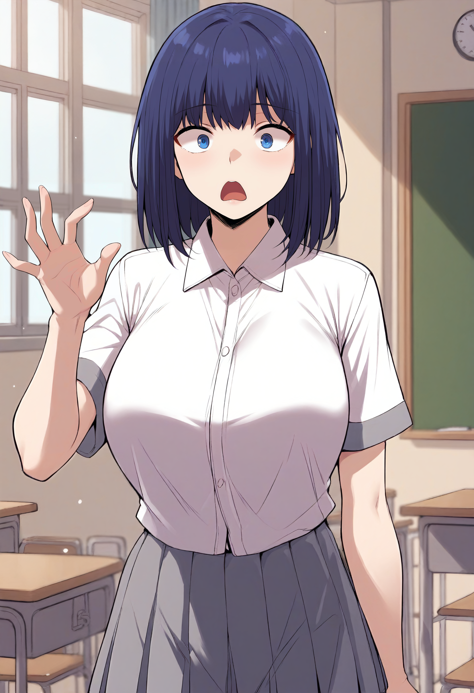 score_9, score_8_up, score_7_up, score_6_up, source_anime, rating_explicit, 1girl, (solo:1.1), huge breasts,<lora:Na Min-jeong prefectPonyxl:0.9> blue eyes, medium hair, blue hair, white shirt, school uniform, collared shirt, short sleeves, grey skirt, pleated skirt, surprised, classroom, indoors, looking at viewer