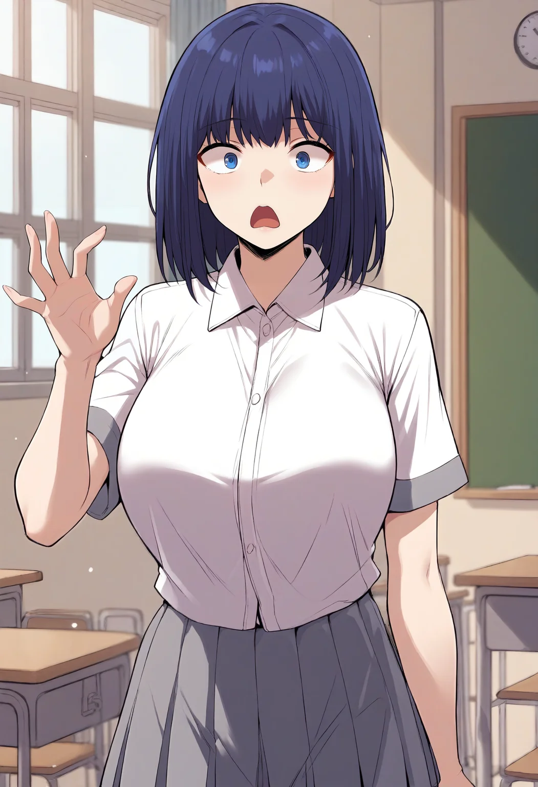 score_9, score_8_up, score_7_up, score_6_up, source_anime, rating_explicit, 1girl, (solo:1.1), huge breasts,<lora:Na Min-jeong prefectPonyxl:0.9> blue eyes, medium hair, blue hair, white shirt, school uniform, collared shirt, short sleeves, grey skirt, pleated skirt, surprised, classroom, indoors, looking at viewer