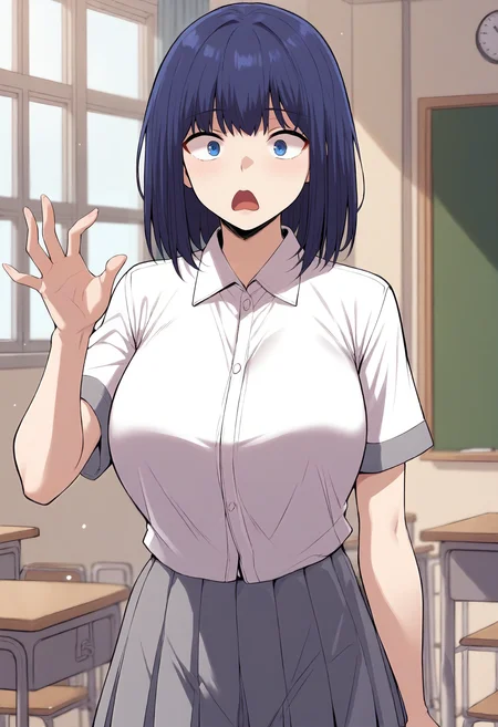 score_9, score_8_up, score_7_up, score_6_up, source_anime, rating_explicit, 1girl, (solo:1.1), huge breasts,<lora:Na Min-jeong prefectPonyxl:0.9> blue eyes, medium hair, blue hair, white shirt, school uniform, collared shirt, short sleeves, grey skirt, pleated skirt, surprised, classroom, indoors, looking at viewer