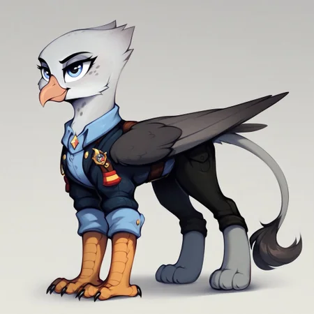 masterpiece, score_9_up, score_8_up, score_7_up, score_6_up, (best quality:1.1), ultra-detailed, high resolution, solo, Blackrock, griffon, mlp, avian, feral, female, long eyelashes, eyebrows, (beautiful detailed light blue eyes), beak, gray-white feathers, gray freckles, feathery ears, tail, wings, closed mouth, smile, full body, standing, expressiveh, highly visible, sharp focus, anatomically correct, simple background