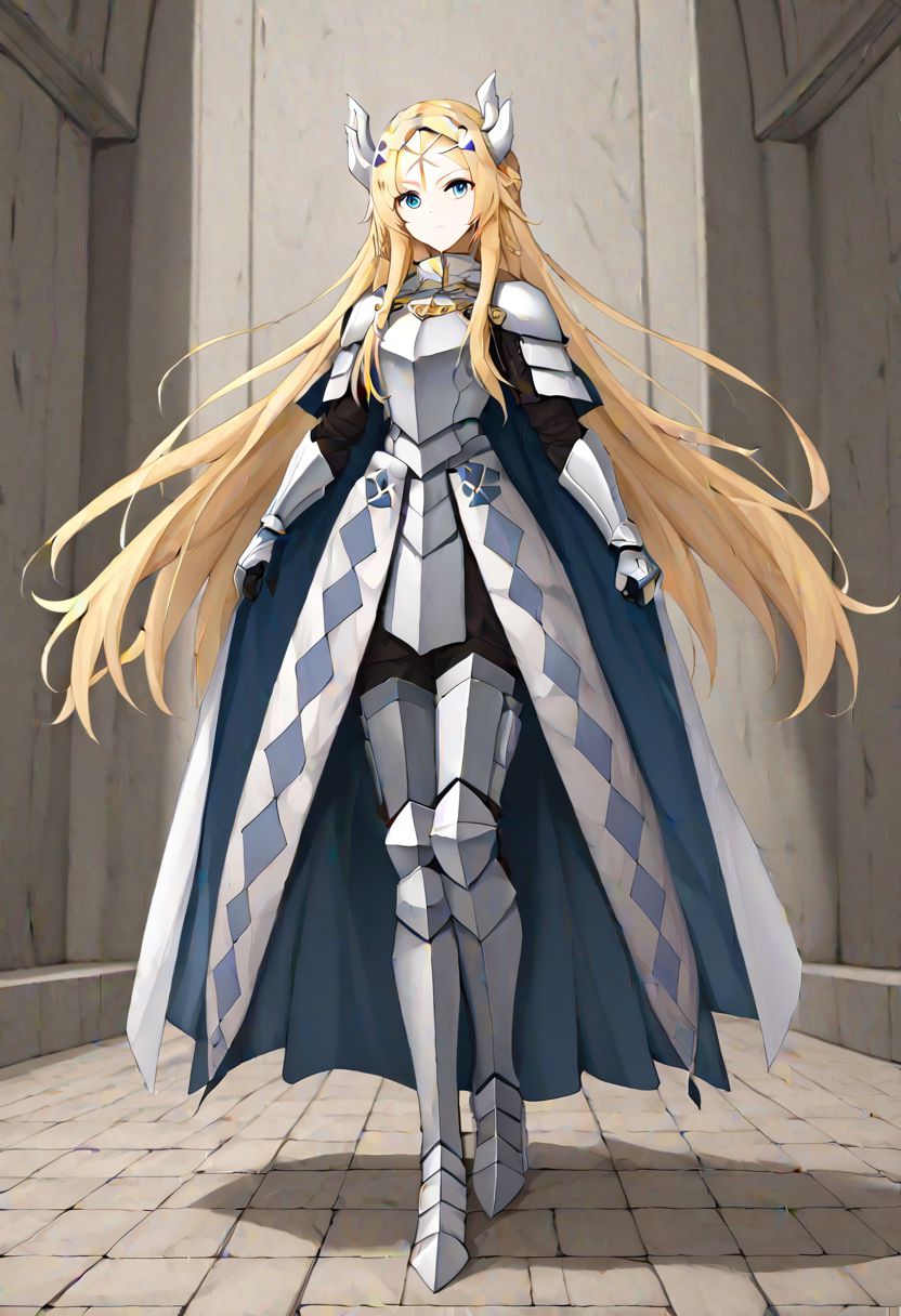 yugioh ecclesia, blonde hair, blue eyes, braid, facial mark, fake horns, forehead mark, hair ornament, horns, long hair, armor, armored dress, cape, gauntlets, headgear, leg armor, shoulder armor, white armor, 
masterpiece, best quality, very aesthetic, absurdres, full_body, tachi-e,