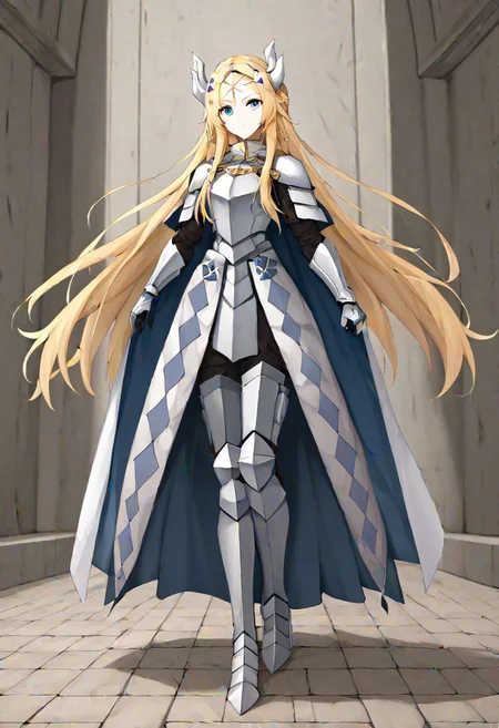 yugioh ecclesia, blonde hair, blue eyes, braid, facial mark, fake horns, forehead mark, hair ornament, horns, long hair, armor, armored dress, cape, gauntlets, headgear, leg armor, shoulder armor, white armor, 
masterpiece, best quality, very aesthetic, absurdres, full_body, tachi-e,