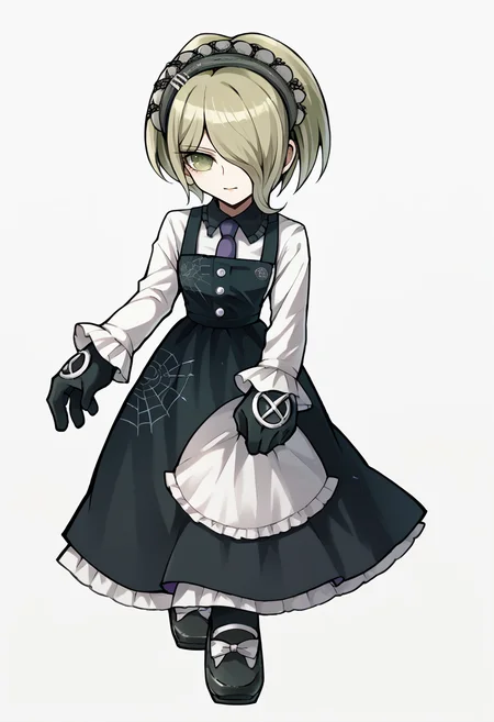 score_9, score_8_up, score_7_up, score_6_up, BREAK 1girl, <lora:zs_OperaOmniaStyleXL:1> operaomniastyle, full body, white background, <lora:KirumiDR-pdxl:1> defKirumi, short hair, hair over one eye, maid headdress, pinafore dress, purple necktie, white shirt, long sleeves, black gloves, black pantyhose, black shoes