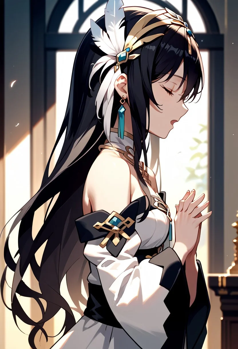score_9,score_8_up,score_7_up,source_anime, Charlotte Eristein,1girl,solo,open mouth,black hair,hair ornament,jewelry,bare shoulders,upper body,closed eyes,earrings,detached sleeves,from side,profile,own hands together,feather hair ornament,own hands clasped,praying,