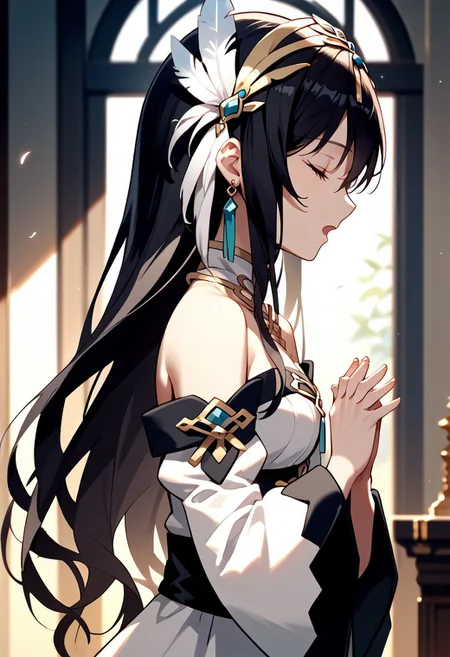 score_9,score_8_up,score_7_up,source_anime, Charlotte Eristein,1girl,solo,open mouth,black hair,hair ornament,jewelry,bare shoulders,upper body,closed eyes,earrings,detached sleeves,from side,profile,own hands together,feather hair ornament,own hands clasped,praying,