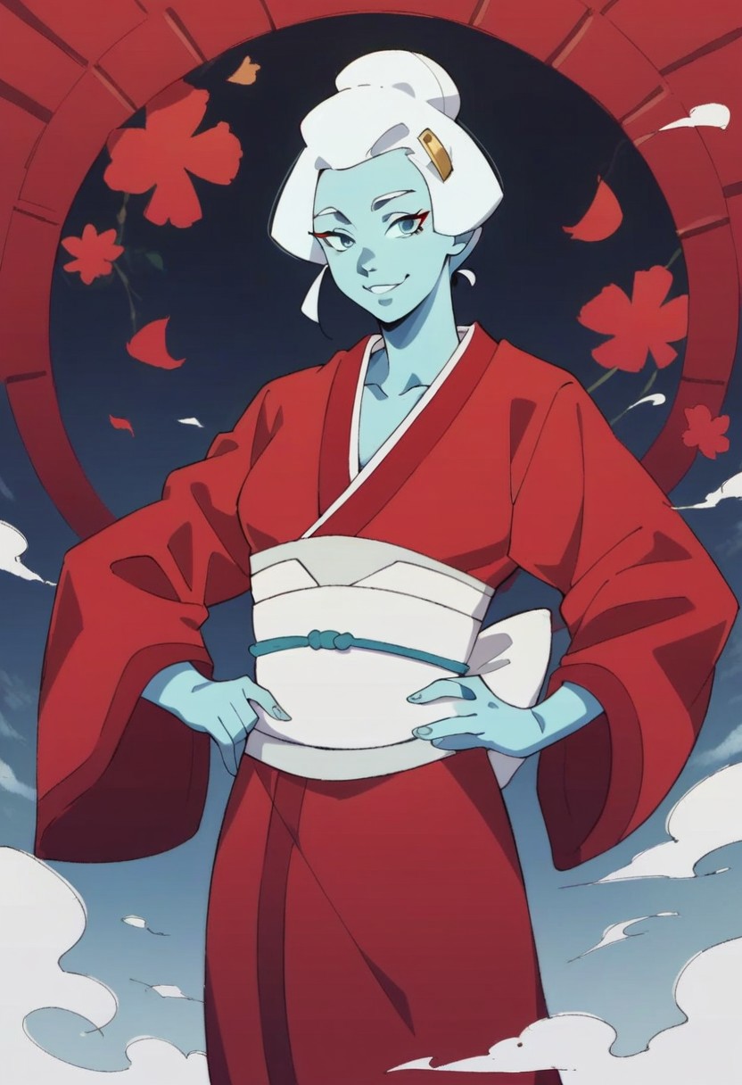 score_9_up, score_8_up, score_7_up, score_6_up, 1girl, solo, Babi-0nna, colored skin, blue skin, blue eyes, white hair, short hair, single hair bun, hair ornament, red kimono, long sleeves, wide sleeves, white obi, one hand on hip, sly smile, standing, (japanese temple), (painted art)