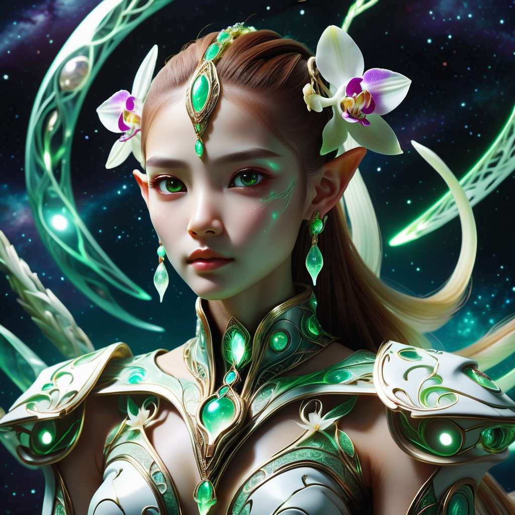 hyper detailed masterpiece, dynamic, awesome quality,DonM3lv3sXL female  teenager, toned, inuit, chestnut eyes,   square chin, unusual jaw, low cheekbones, asymmetrical forehead,    , orchid high ponytail hair, loneliness, etheric resonance, hands forming an energy ball between palms,  arcanist, shape-shifting , elemental attunement, standing in harmony with natural elements, ethereal light, ethereal light, a space opera battle, with starships engaging in epic combat amidst a backdrop of distant galaxies <lora:DonM3lv3sXL-000005:0.85>
