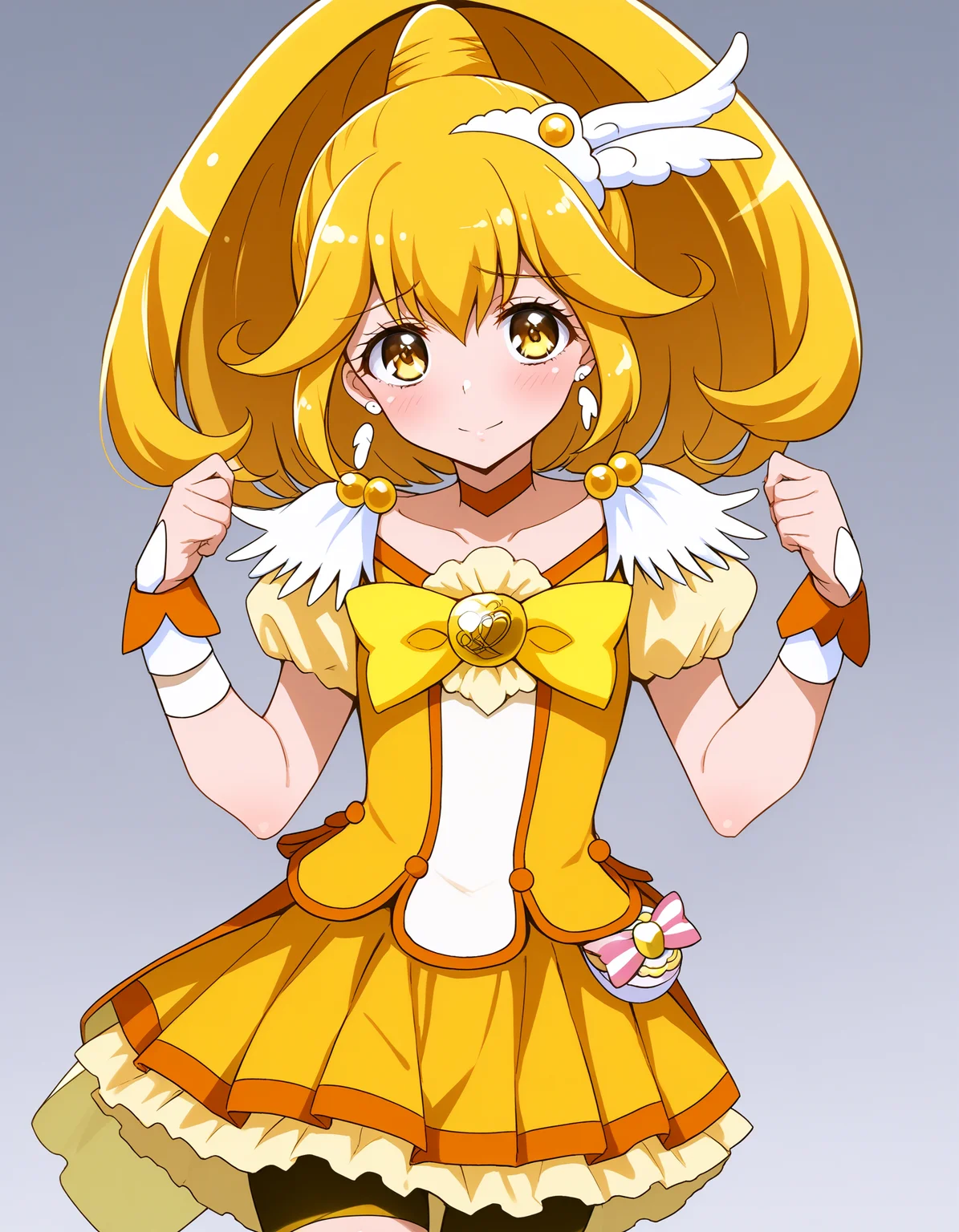 score_9, <lora:sdxl_lightning_8step_lora:1> source_anime, rating_explicit BREAK 1girl, solo,
<lora:ponyxl-char_smile_precure_transformed:1>
KY-CP, 1girl, yellow eyes, wide ponytail, hair flaps, hair between eyes, yellow hair, hair ornament, wing ornament, tiara, yellow choker, feather earrings,
yellow bow, (yellow shorts:1.2), yellow skirt, bike shorts, shorts under skirt, orange wrist cuffs,
portrait