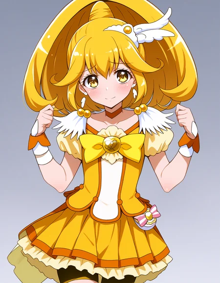 score_9, <lora:sdxl_lightning_8step_lora:1> source_anime, rating_explicit BREAK 1girl, solo,
<lora:ponyxl-char_smile_precure_transformed:1> 
KY-CP, 1girl, yellow eyes, wide ponytail, hair flaps, hair between eyes, yellow hair, hair ornament, wing ornament, tiara, yellow choker, feather earrings,
yellow bow, (yellow shorts:1.2), yellow skirt, bike shorts, shorts under skirt, orange wrist cuffs,
portrait