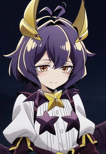 source_anime <lora:GushingoverMagicalGirlsSet1:0.8>, MagiaBaiser, short hair, yellow eyes, ahoge, purple hair, magical girl, showgirl skirt, black nails, low wings, cross-shaped pupils, yellow horns, star pasties,,, ,,, , , ,,,, ,,, , ,,,,,,,, anime coloring,anime screencap, 1girl,Solo ,, anime,official art,,Uncensored ,Unedited ,,,,,,,,