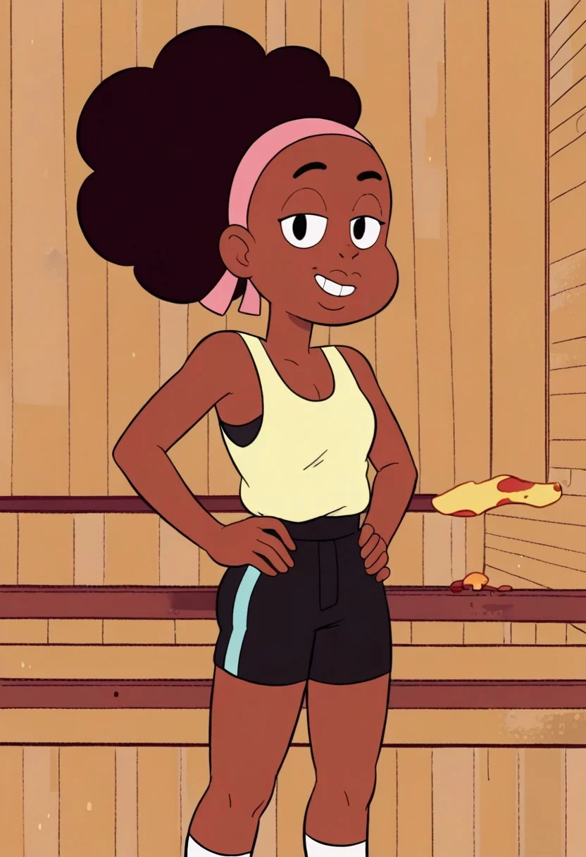 score_9, 1girl, Solo, Kiki_SU, brown skin, black eyes, dark brown hair, afro puff hair, pink hairband, black eyebrown, cream tank top, black shorts, white socks, light blue athletic sneakers, looking at viewer, smile, half-closed eyes, indoors, hands on hips, retro artstyle, medium stature