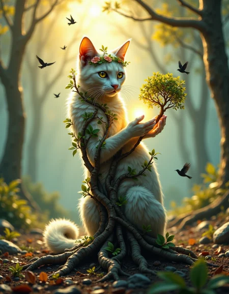 A mystical anthropomorphic cat, seamlessly fused with nature, standing with its lower body transforming into ancient, twisting tree roots that extend into the earth. The cat has soft, elegant fur and wears a crown of vines and blooming flowers, with leaves sprouting from its shoulders and arms. One paw delicately holds a glowing orb of light, while the other cradles a miniature tree, symbolizing the cycle of nature. The background is a misty, ethereal forest bathed in golden sunlight, with birds soaring through a dreamy, atmospheric sky. The art style is surreal and fantasy-inspired, highly detailed with a magical, otherworldly ambiance, <lora:aidmaMJ6.1_v0.5_IL:0.4> aidmaMJ6.1, <lora:aidmaFLuxPro1.1_v0.3:0.35> aidmafluxpro1.1, <lora:cheats:0.5>, <lora:aidmahyperrealism_IL:0.6> aidmaHyperrealism, <lora:aidmaFLuxPro1.1_v0.3_IL:0.5> aidmafluxpro1.1,