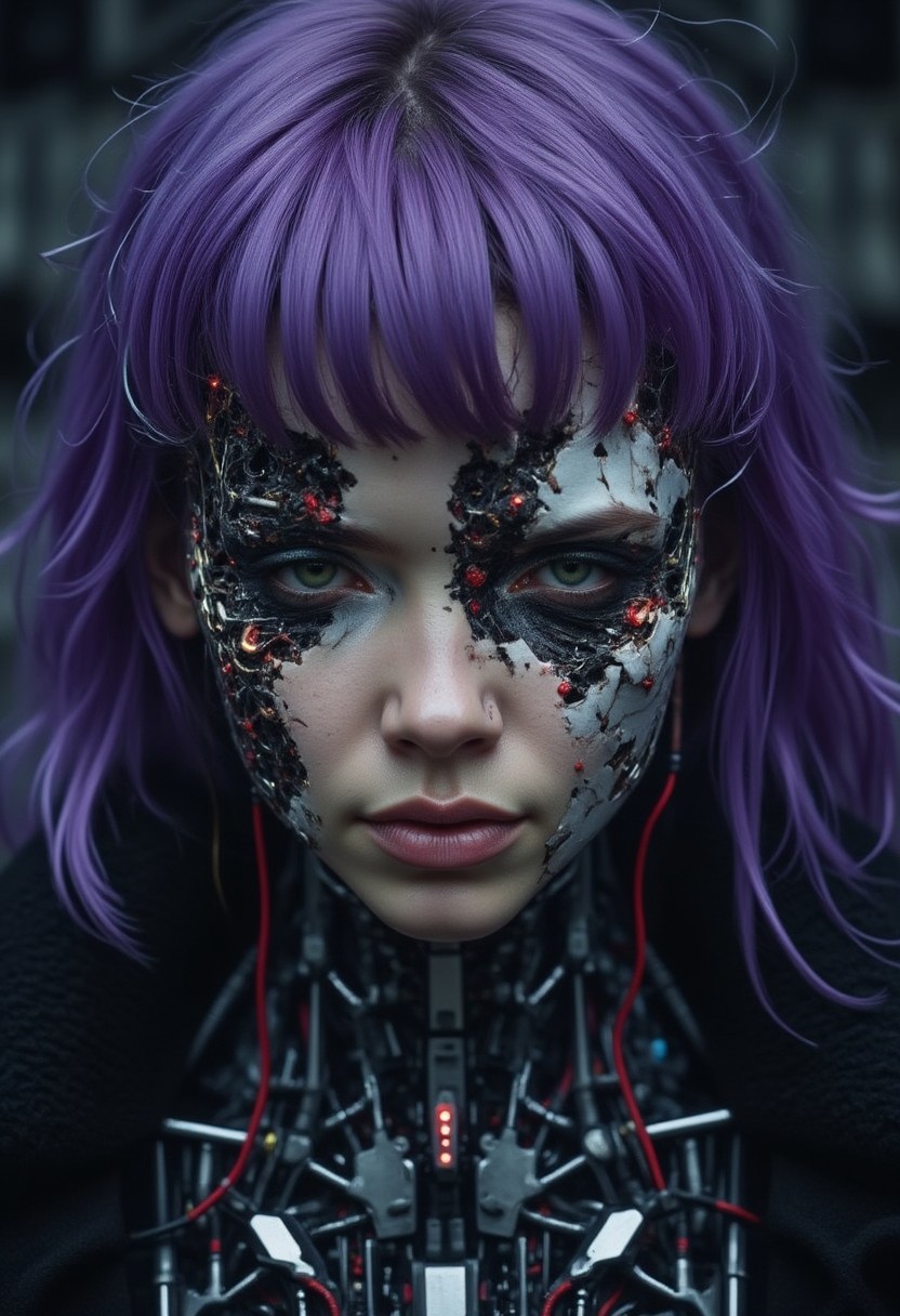 wired-cyborg, biomechanical, high quality photography of a woman's face, split down the middle, showcasing two distinct halves. The left side of her face is a mechanical construct, resembling a futuristic cyborg or android, with intricate circuitry and wires visible beneath her skin. The mechanical half is a dark, metallic color with glowing red circuitry and numerous tiny, glowing red lights, giving it an eerie, otherworldly appearance. The right side of her face is human, with pale, almost deathly skin, sci-fi horror aesthetic. Purple hair, smirk