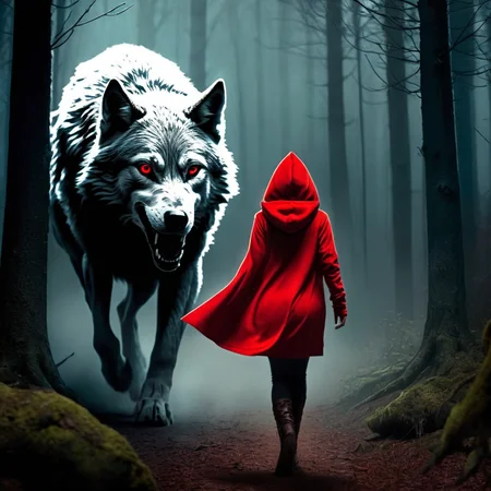 Dark Fantasy Art of <lora:Little Red Riding Hood style:1>
In The Woods Little Red Riding Hood a blonde woman in a red hoodie is being chased by a giant wolf Full Shot Little Red Riding Hood Style, dark, moody, dark fantasy style