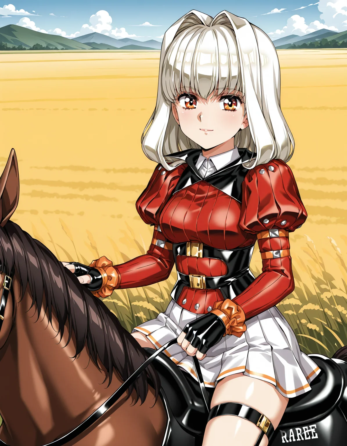 <lora:charlone-claudius-illustrious:0.8> charlone claudius, juliet sleeves, red shirt, white collar, white skirt, miniskirt, fingerless gloves,
1girl, solo, looking at viewer, light smile, horseback riding, field, peaceful, rating_general