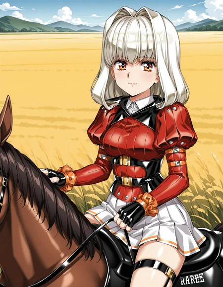 <lora:charlone-claudius-illustrious:0.8> charlone claudius, juliet sleeves, red shirt, white collar, white skirt, miniskirt, fingerless gloves,
1girl, solo, looking at viewer, light smile, horseback riding, field, peaceful, rating_general