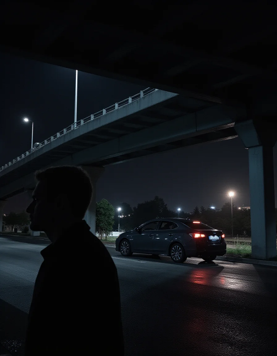 A dramatic nighttime scene under a bridge, featuring a man in the foreground, a car in the background, and a stark contrast between light and shadow, The man stands to the left, gazing towards the right, where the car is parked, The bridge, with its wet surface, arches over the scene, reflecting the lights from above, The lighting creates a tense atmosphere, highlighting the man and the car against the darkness of the bridge and the night sky,