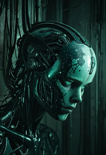masterpiece, best quality, amazing quality, very aesthetic, absurdres, newest, gritty_manga_sketch, cyberpunk_dystopia, transhuman, cyborg_warrior, close-up, more_machine_than_human, exposed_cables, mechanical_limbs, dark_silhouette, atmospheric_lighting, glowing_sphere, melancholic_stare, high_contrast, ink_splatter, dramatic_shadows, neon_glow, monochrome_with_neon_accents, torn_synthetic_skin, industrial_background, cinematic_composition, flying_debris, power_wires