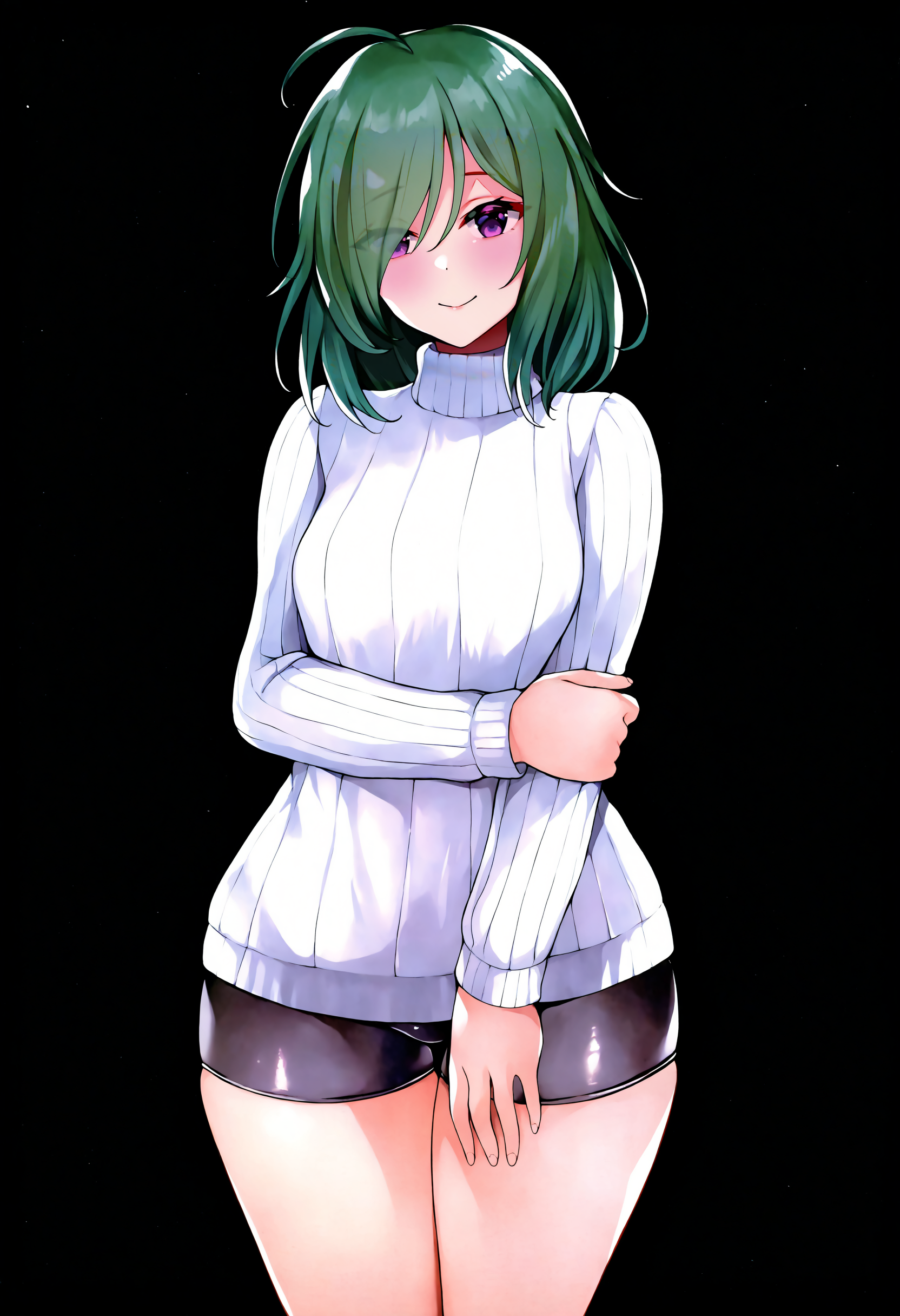 masterpiece, best quality, 1girl,
solo, small breasts, wide hips, thick thighs, shorts, curvy, shiny clothes, turtleneck sweater, green hair, cowboy shot, turtleneck, blush, purple eyes, medium hair, ribbed sweater, smile, white sweater, closed mouth, thighs, breasts, open mouth, bike shorts, black background, arm under breasts, eyes visible through hair, looking at viewer, standing, hand on own arm, ahoge, long sleeves   <lora:goban:1>