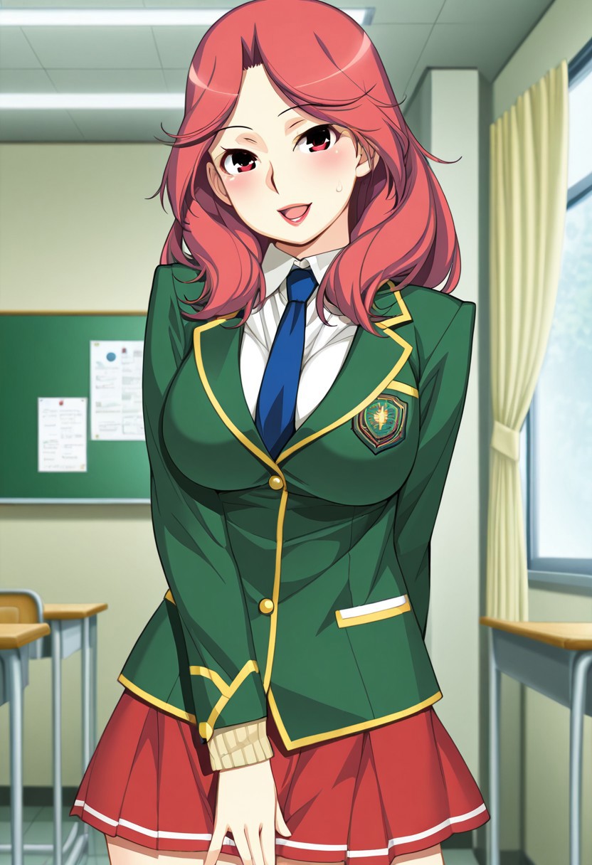 score_9,score_8_up,score_7_up,source_anime,5_figner,2d_animation,game cg,BREAK,1girl,solo,
Narushima Azuki,long hair,red hair,lipstick,red eyes,
large breasts,
long sleeves,school uniform, green jacket, white shirt, blue necktie,  red skirt, blazer, blazer yellow line,
lovey-dovey,openmouth,
cowboy shot,smile,blush,
school,classroom,window,indoor,curtain,bulletin board,
front view,looking at viewer,
masterpiece,best qualit,ultra-detailed,illustration,an extremely delicate and beautiful,beautiful detailed eyes,unity 8k wallpaper,high resolution,anime CG,official_art,