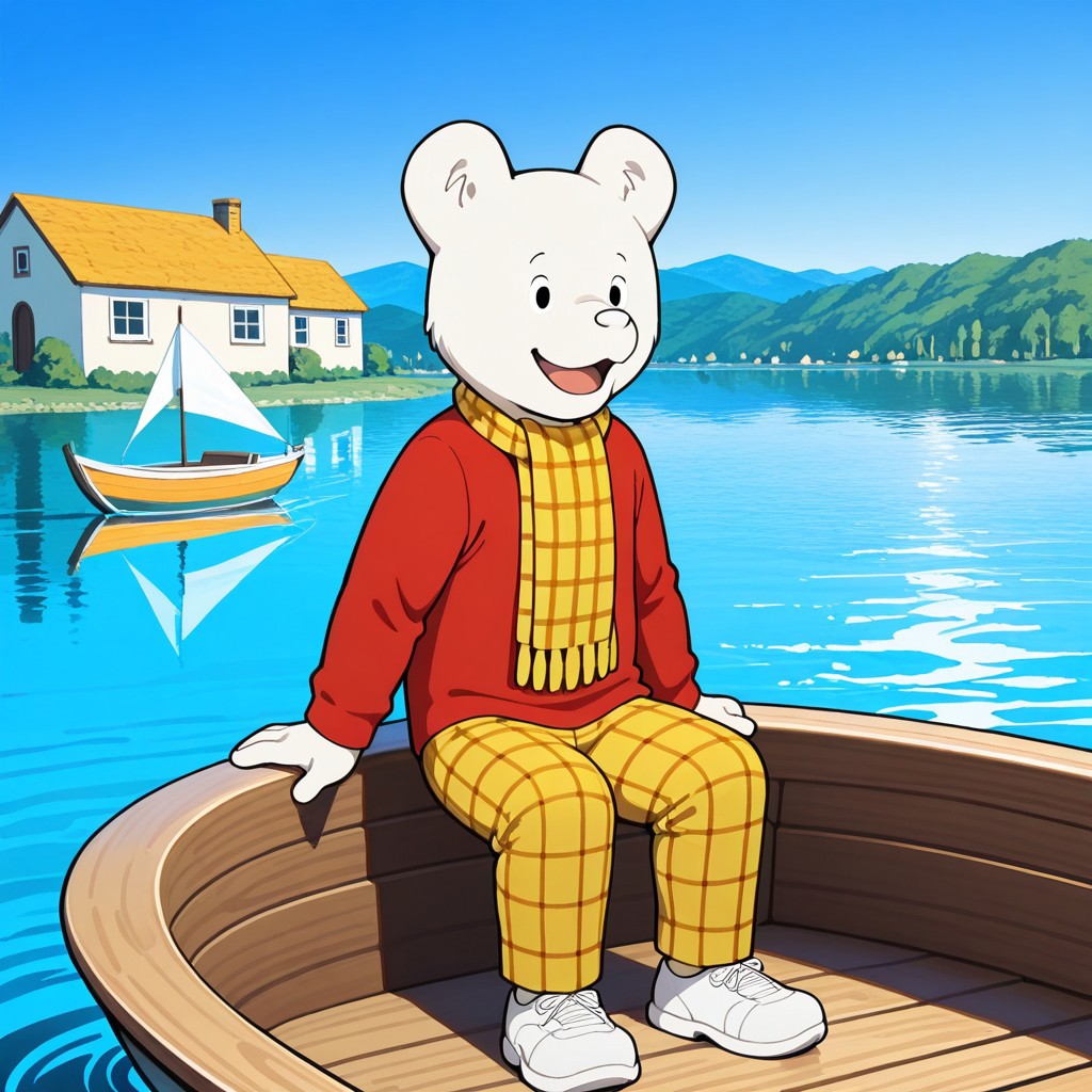 1boy, male, solo, no humans, black eyes, white fur, white nose, plaid pants, long sleeves, red shirt, yellow checkered pants, yellow checkered scarf, white shoes, outdoors, house, smile, open mouth, sit on boat, sailing a boat, blasphemes, lake, blue sky reflection in water,
BREAK best quality, amazing quality, very aesthetic, absurdres, newest, masterpiece, mischievous, sharp focus, high detail, clear image, high resolution,
