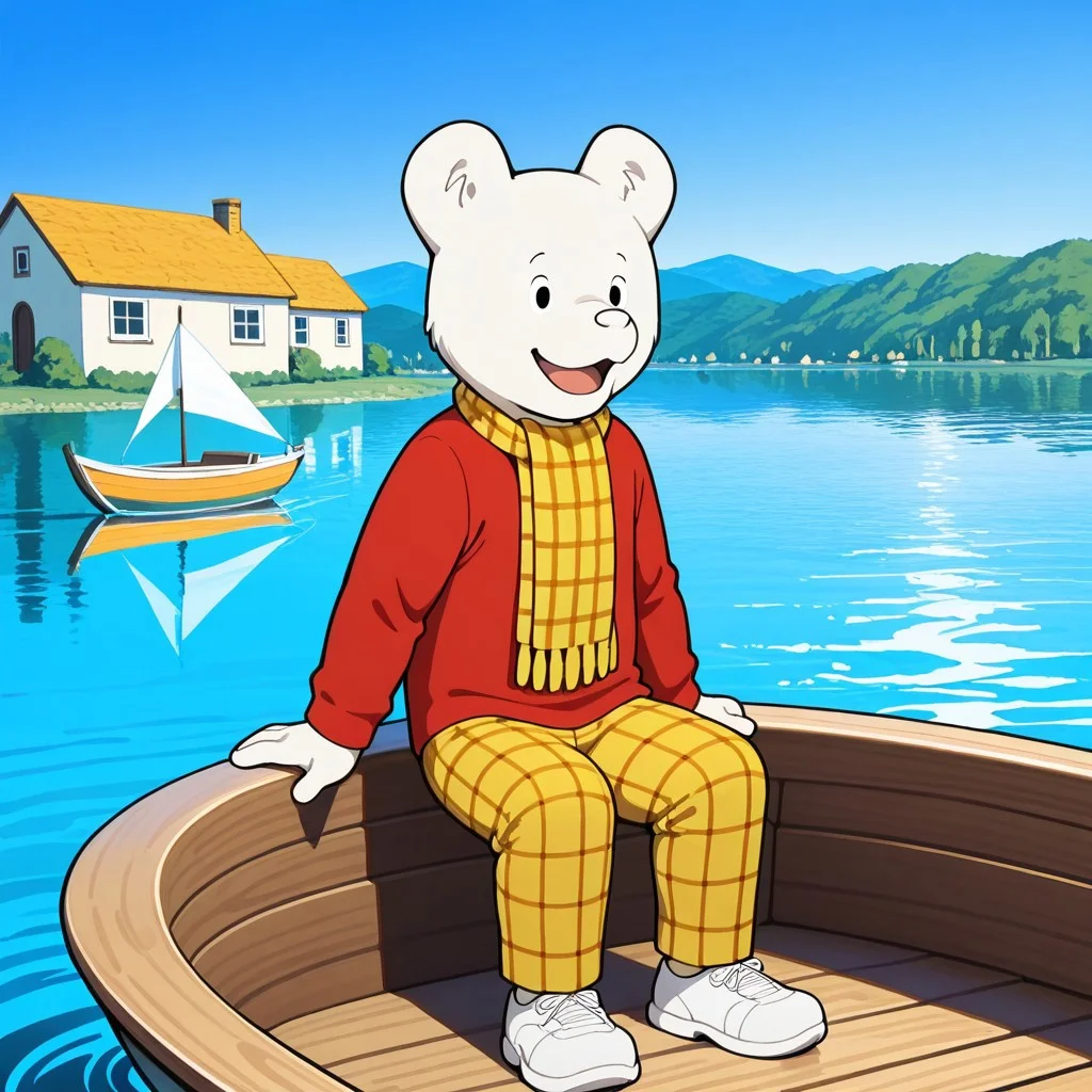 1boy, male, solo, no humans, black eyes, white fur, white nose, plaid pants, long sleeves, red shirt, yellow checkered pants, yellow checkered scarf, white shoes, outdoors, house, smile, open mouth, sit on boat, sailing a boat, blasphemes, lake, blue sky reflection in water,
BREAK best quality, amazing quality, very aesthetic, absurdres, newest, masterpiece, mischievous, sharp focus, high detail, clear image, high resolution,