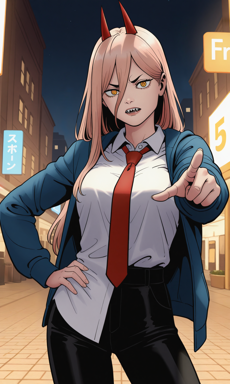 embedding:IllusP0s, f3rn4nd0, power_\(chainsaw_man\), horns, yellow eyes, sharp teeth, parted lip, white shirt, blue jacket, (off-shoulder:0.5), red tie, half untucked shirt, black pants, hand on own hips, contrast lighting, outdoors, night, parted lips, pointing at viewer,<lora:Style_soph-Fernando-ILXL.safetensors:1.0:1.0>