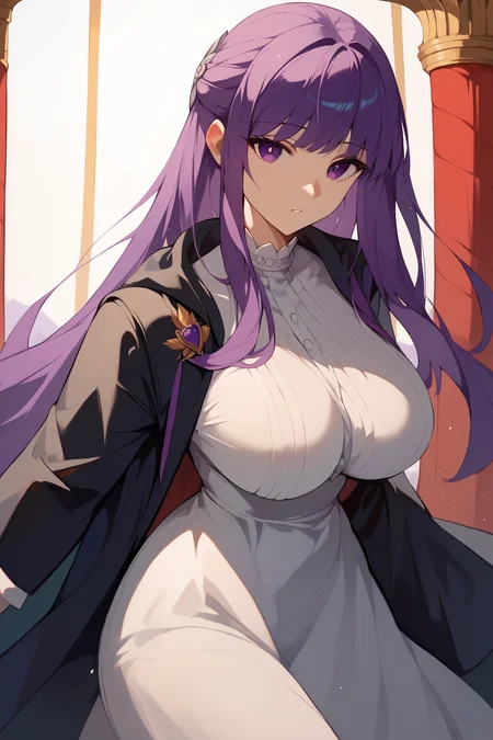 breast bags,<lora:breasts++-PD-breast_bags-1.0:1.5> <lora:ChamFernPonyXL:1> FernFrieren,purple eyes,purple hair, long hair,half updo,hair ornament,large breasts,FernBase,white dress, collared dress, black robe, Score_9, Score_8_up, Score_7_up, Score_6_up, Score_5_up, Score_4_up, BREAK,1girl in full growth, best quality, masterpiece, ultra-detailed, high quality,good quality,1 girl,(master piece,high resolution, ultra detailed,8K,16K),look at viewer