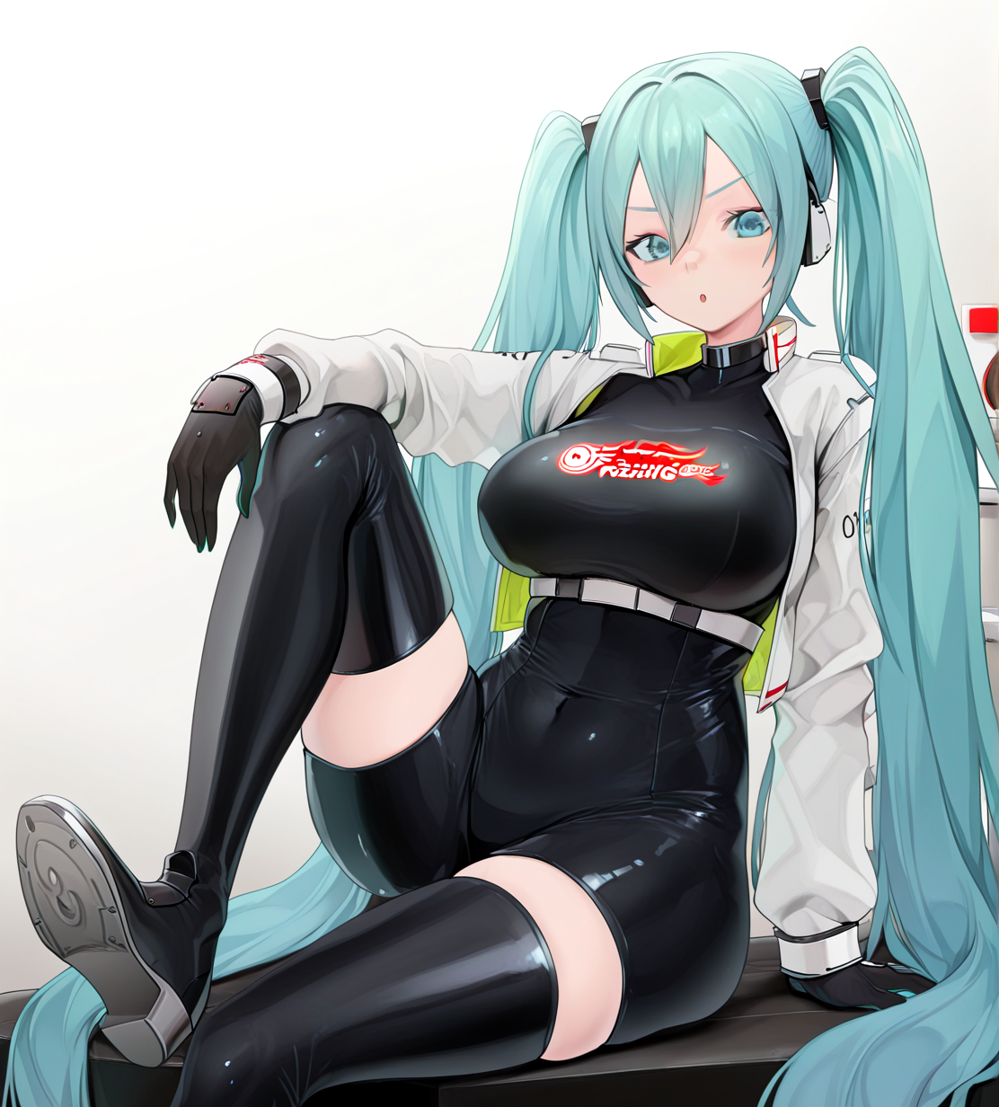 <lora:fuguta-kemasuo:1.2>,1girl, hatsune miku, racing miku, racing miku (2022), huge breasts, wide hips, goodsmile racing, vocaloid, :o, black bodysuit, black gloves, black thighhighs, blue eyes, blue hair, bodysuit, boots, breasts, collared jacket, foot up, full body, gloves, hair between eyes, jacket, knee up, long hair, looking at viewer, parted lips, print shirt, racing suit, shirt, shoe soles, sidelocks, single leg bodysuit, single thighhigh, sitting, solo, thigh boots, thighhighs, twintails, v-shaped eyebrows, very long hair, white jacket, zettai ryouiki, 
very awa, masterpiece, best quality, highres, absurdes,amazing quality,very aesthetic,intricate details, <lora:hand 5.5:1>